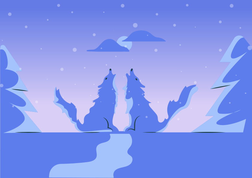 Two wolves howling at the moon in a snowy forest.