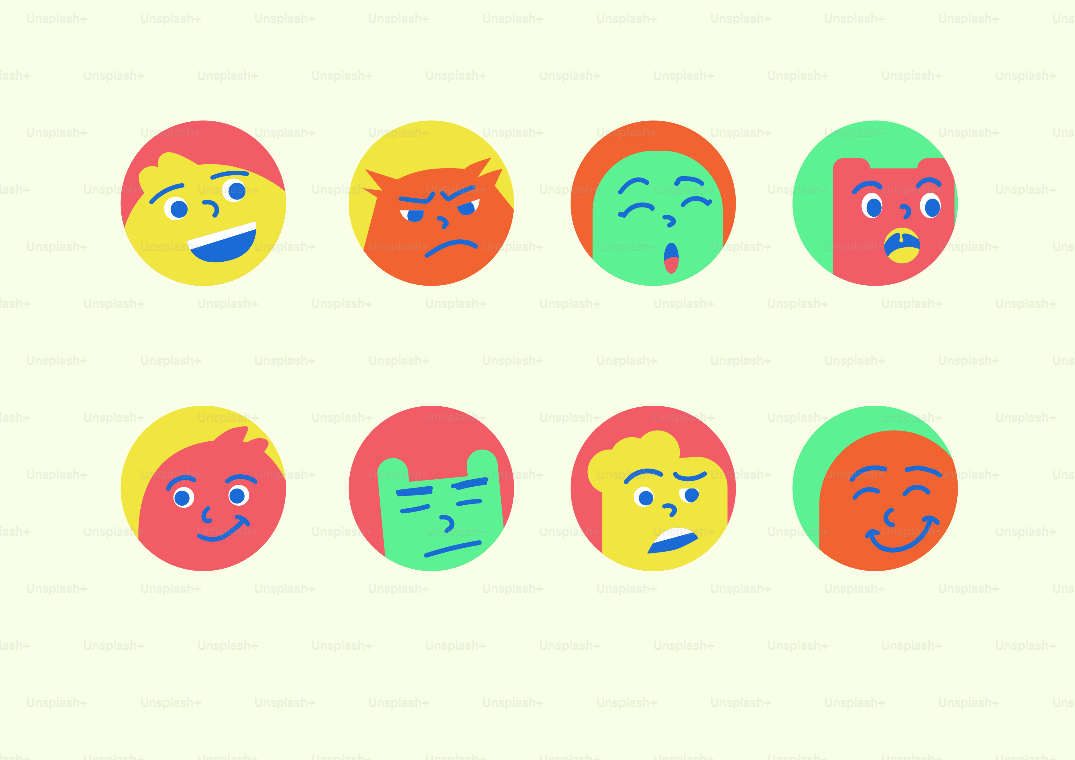 さまざまな感情を示す8つのカラフルな漫画の顔。