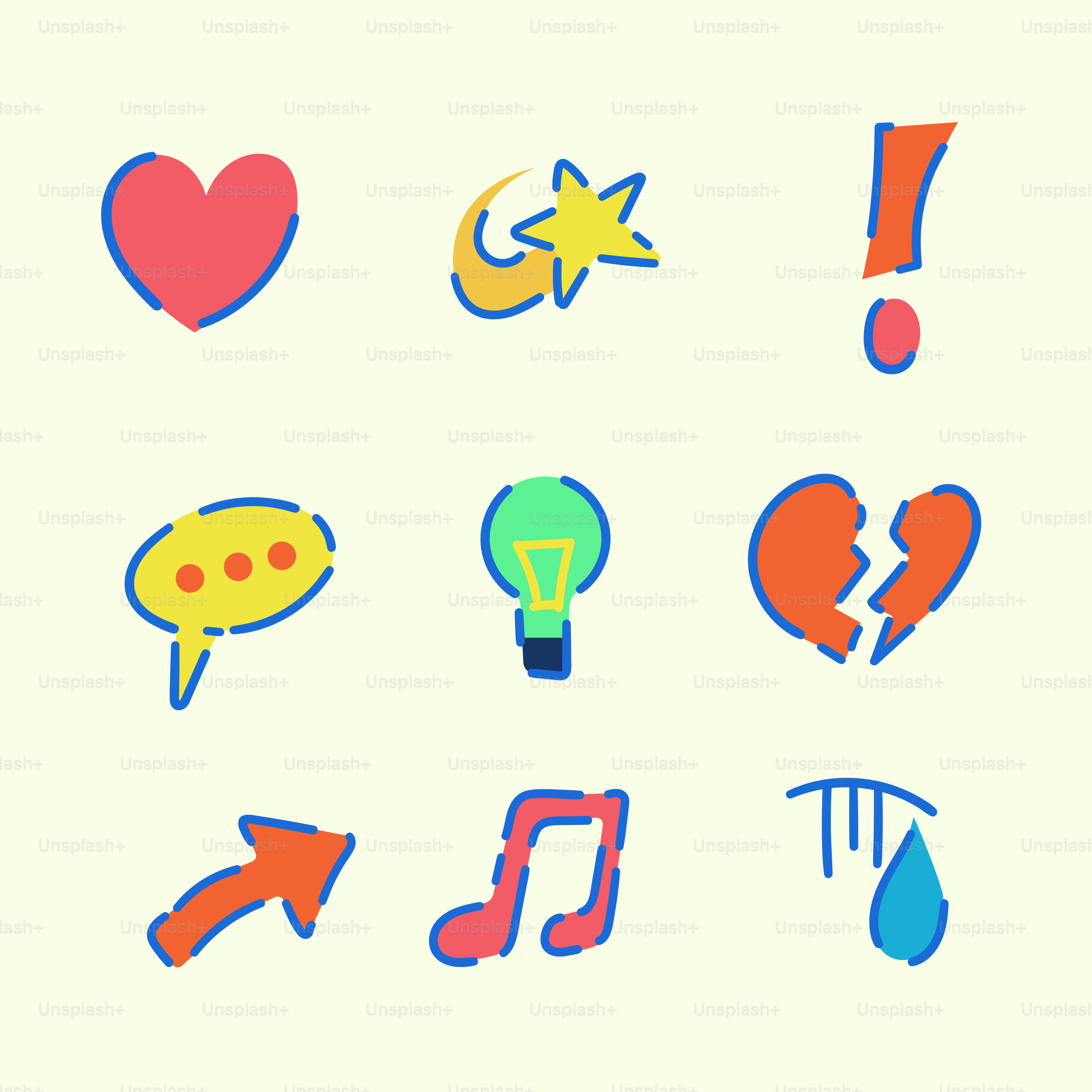 Collection of colorful hand-drawn icons on light background