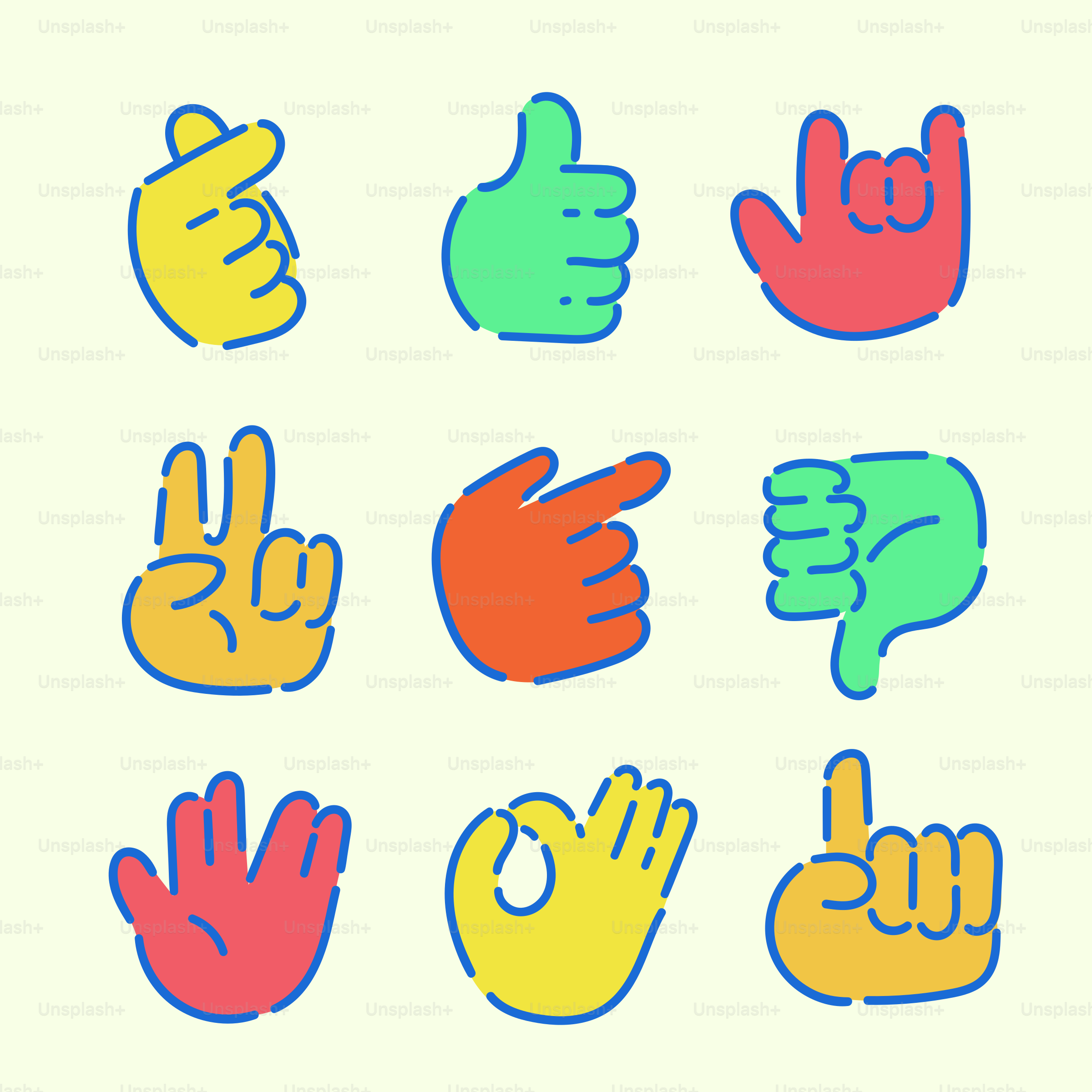 Nine colorful hand gestures on a light background.