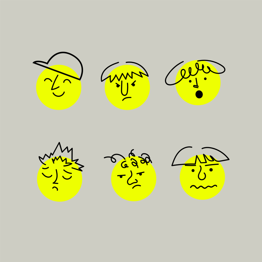六つの黄色い顔に、異なる描かれた表情。