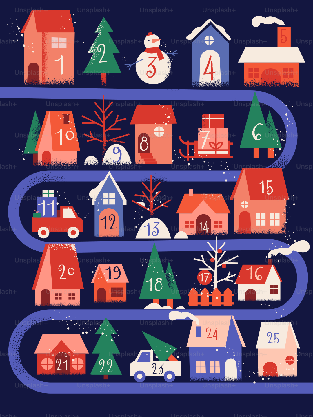 Weihnachts-Adventskalender mit nummerierten Häusern und Bäumen