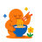 Personnage orange mangeant joyeusement des nouilles avec des baguettes