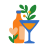 Botella, copa de cóctel y elementos florales.