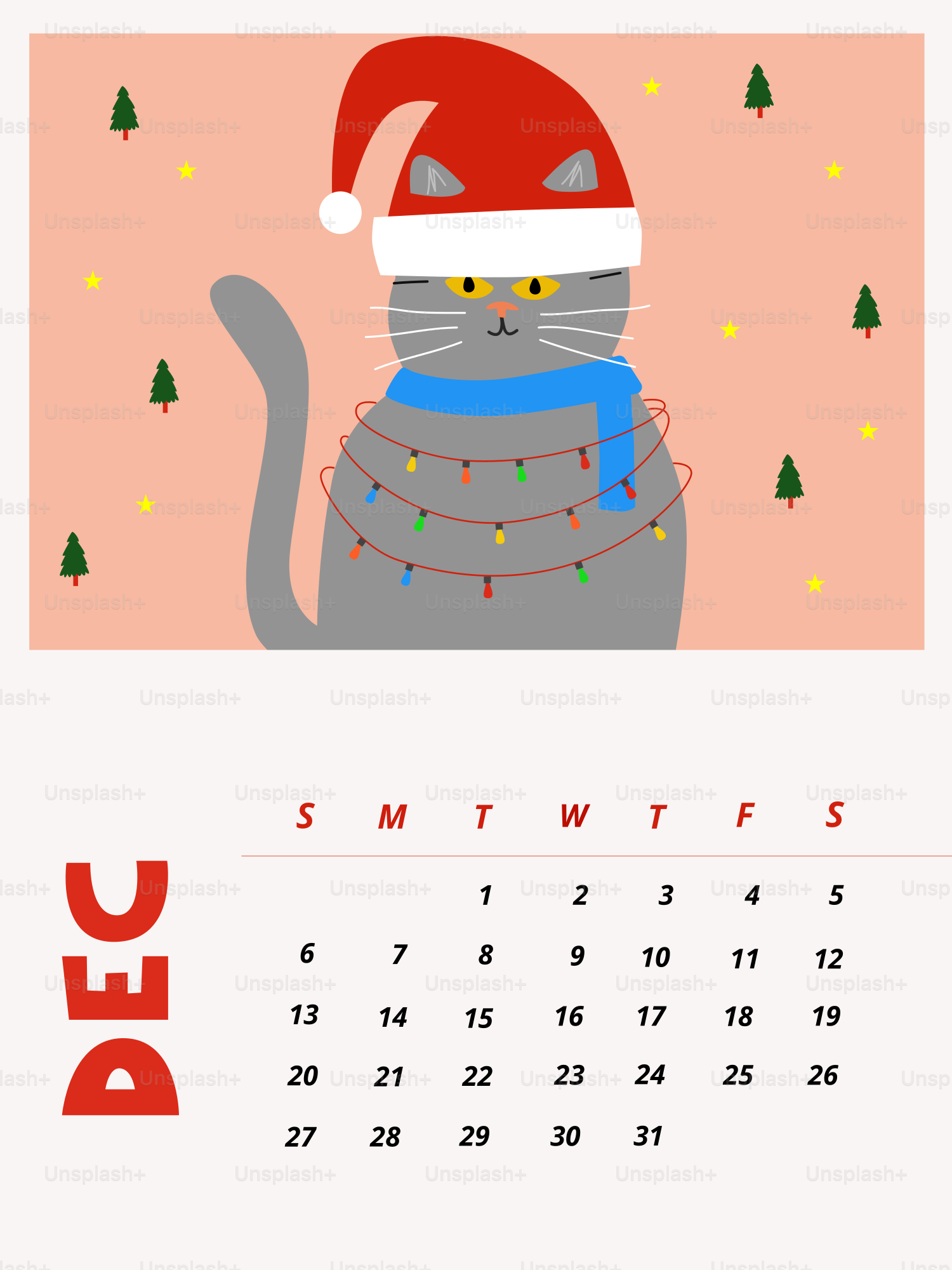 A cat wearing a santa hat and christmas lights.