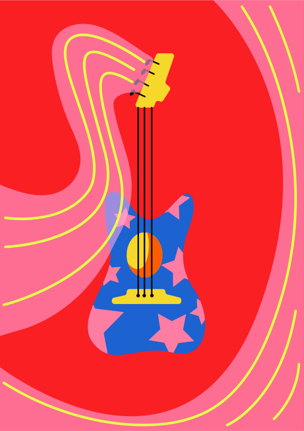 Una guitarra eléctrica estilizada con estrellas sobre un fondo rojo