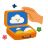 Hand closing an orange suitcase with a sky scene