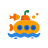 A yellow submarine with a fish swims in blue waves