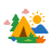 Uma barraca montada em uma paisagem ensolarada ao ar livre.