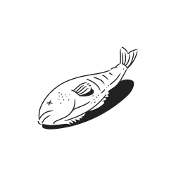 A stylized drawing of a dead fish.