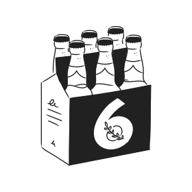 Six bottles of beer in a dark carrier.