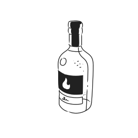 Line drawing of a bottle with a flame label.