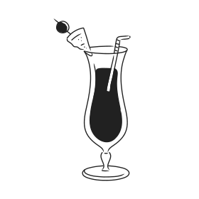 A dark cocktail with a straw and garnish