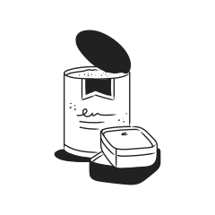 Open can with food portions on white background