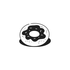 A black and white drawing of a donut.