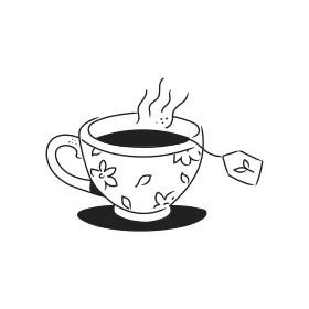 Secangkir teh yang mengepul dengan pola bunga.