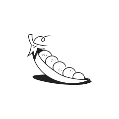 A simple line drawing of a pea pod with peas.