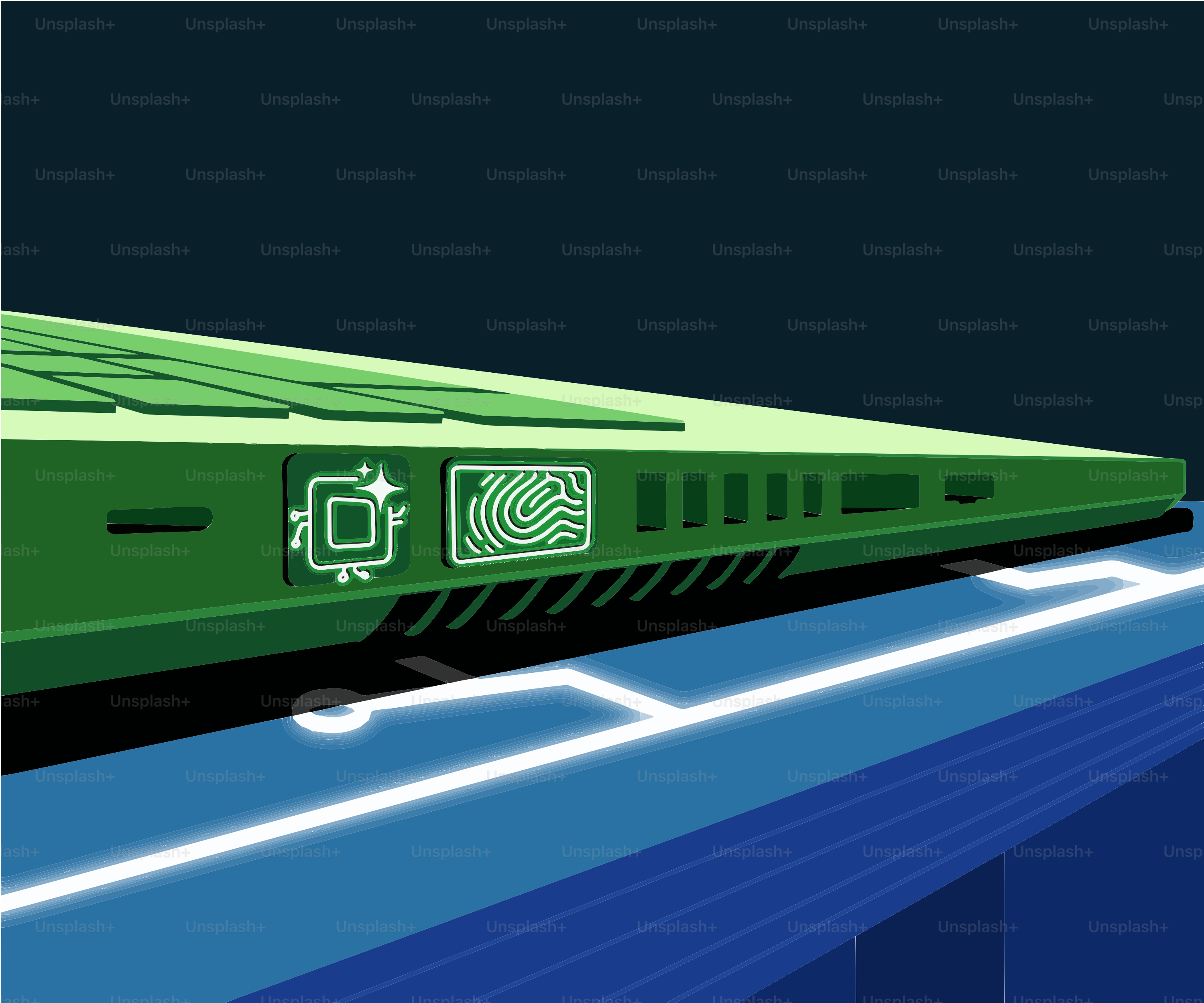 Green train with futuristic design on bright tracks