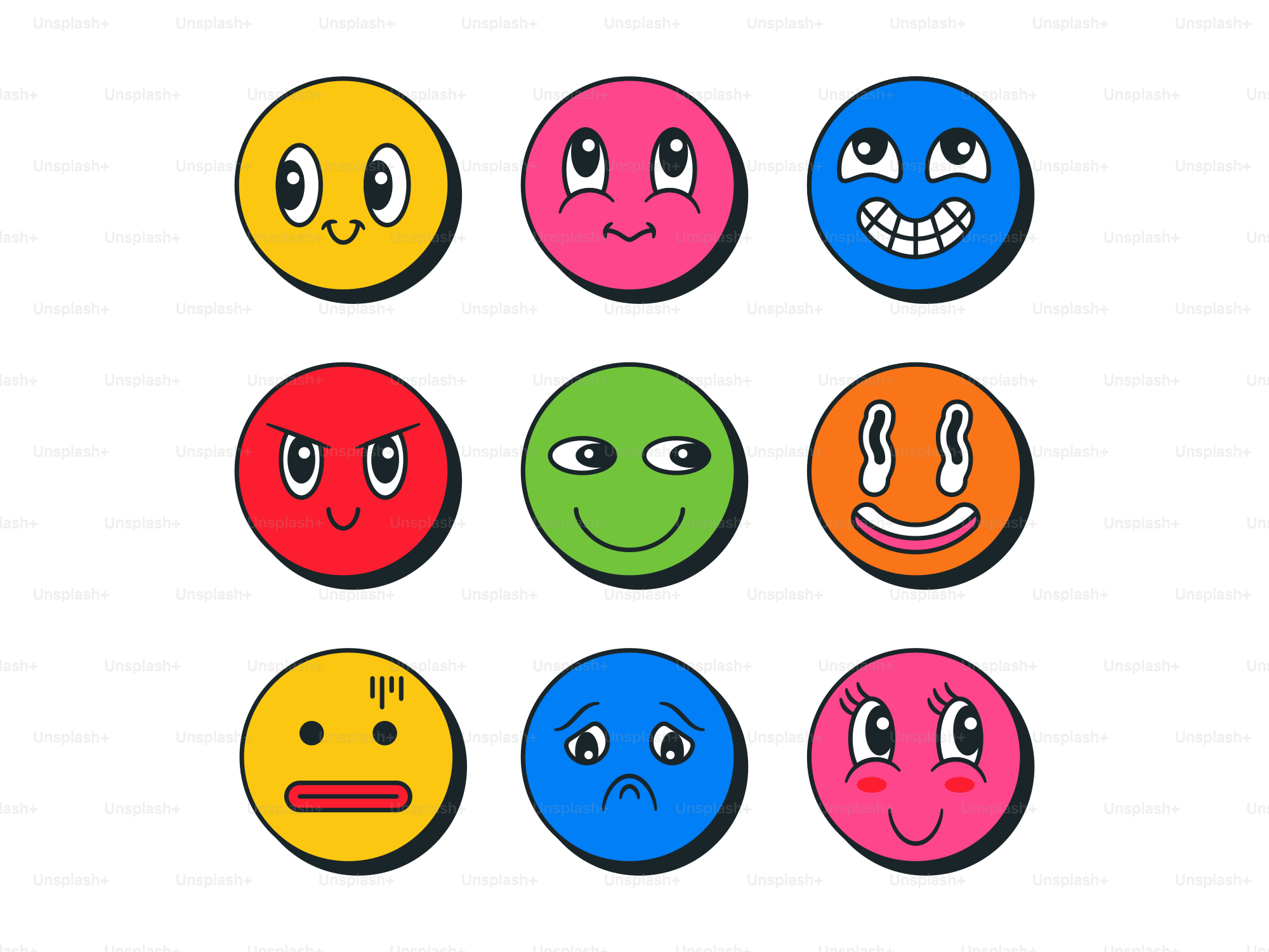 Nove rostos coloridos de desenho animado com expressões diferentes