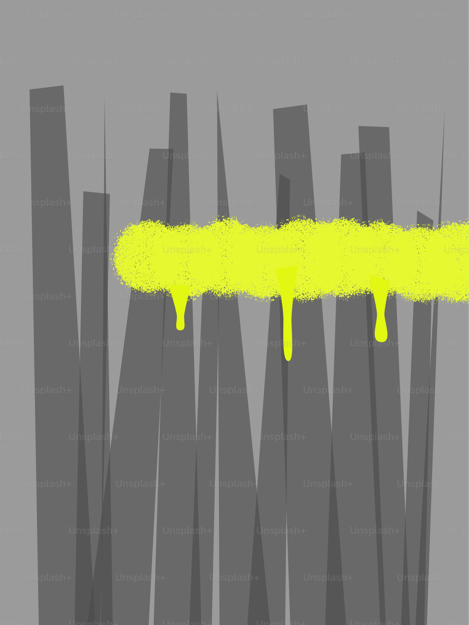 Gelbe Sprühfarbe tropft über graue abstrakte Formen