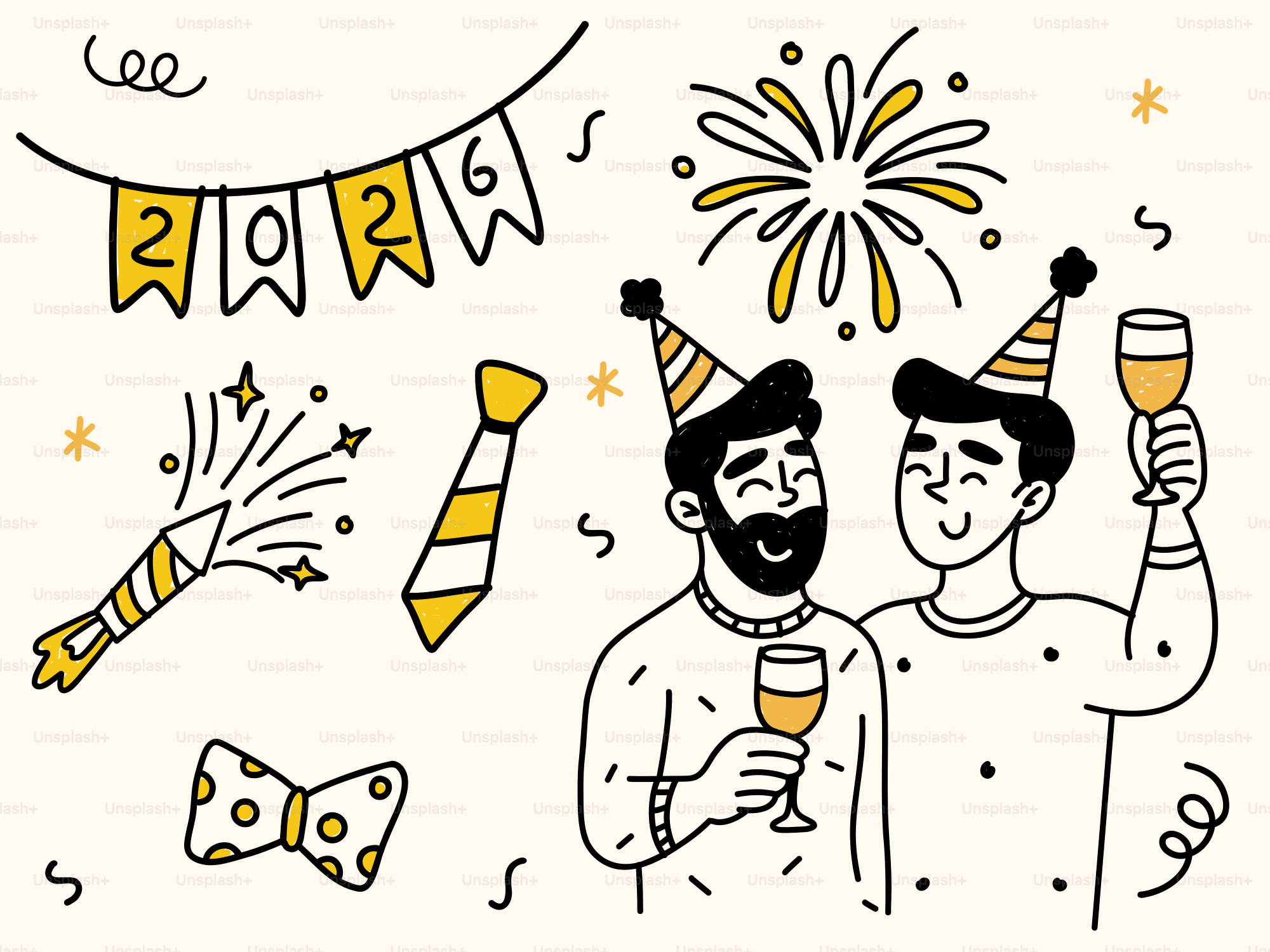 Two men celebrating new year's eve with champagne.