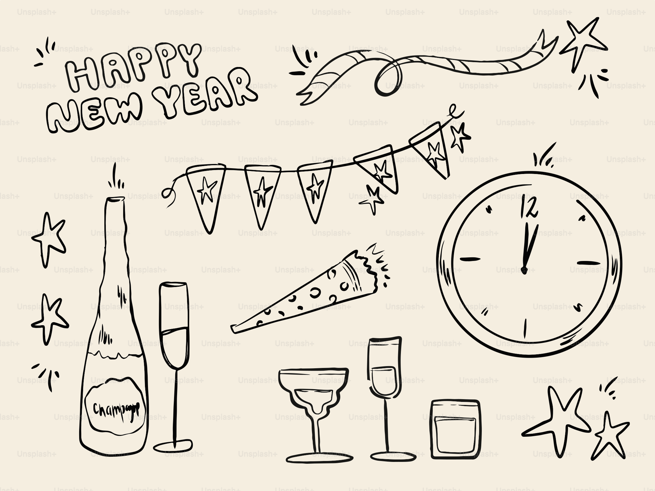 Happy new year celebration elements with champagne and clock