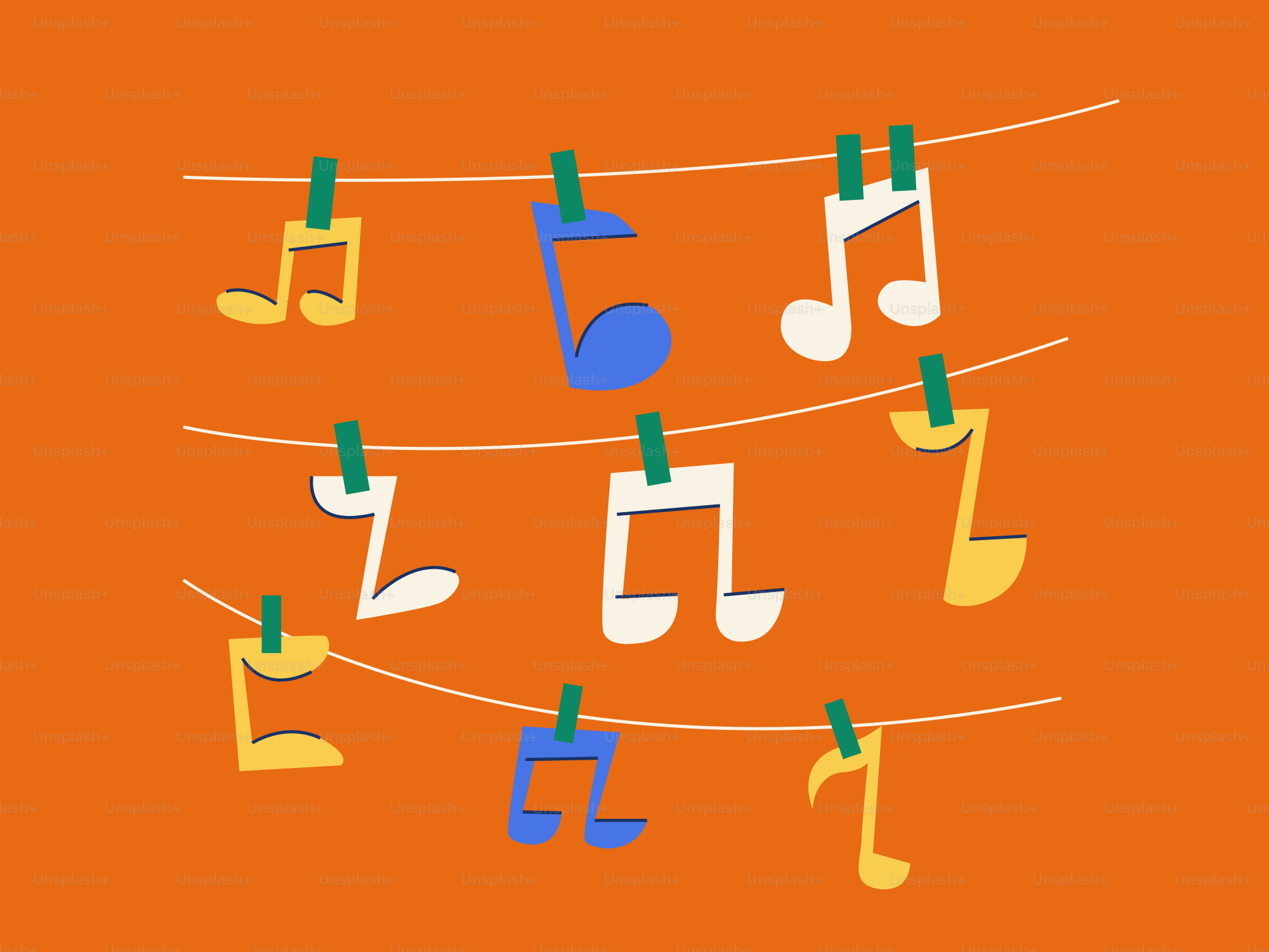 Note musicali appese a uno stendibiancheria