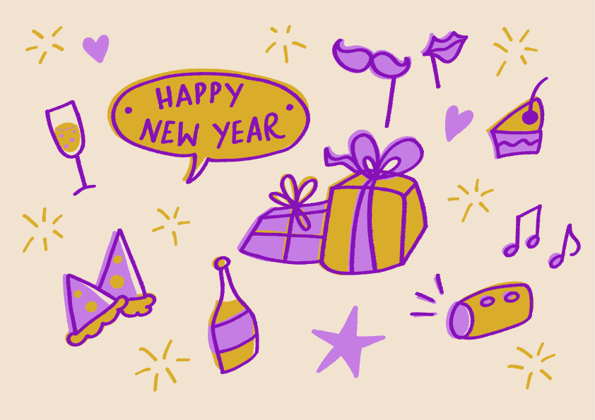 Buon anno scarabocchi per la celebrazione con regali e oggetti per la festa.