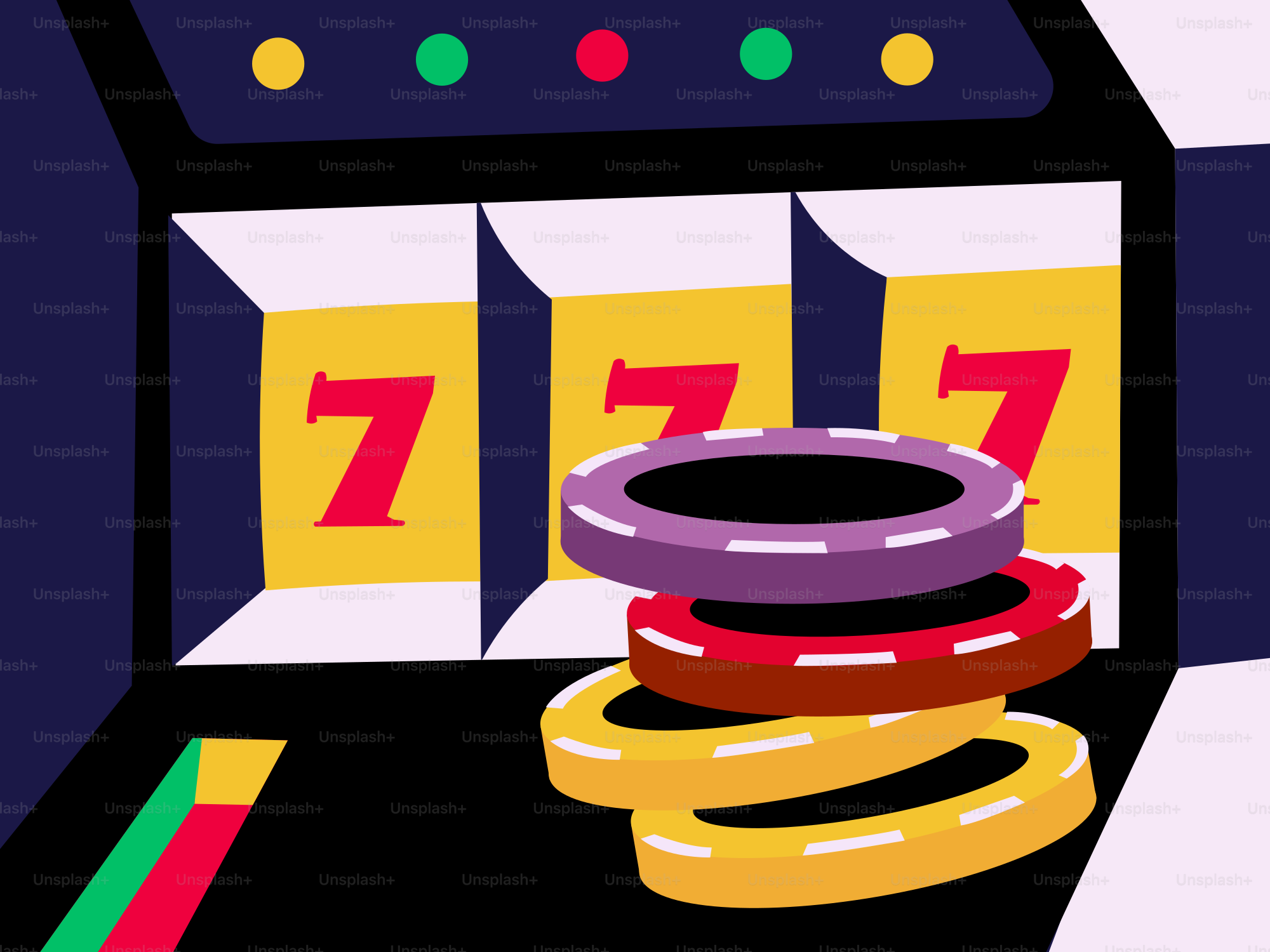 Slot machine with three sevens and chips