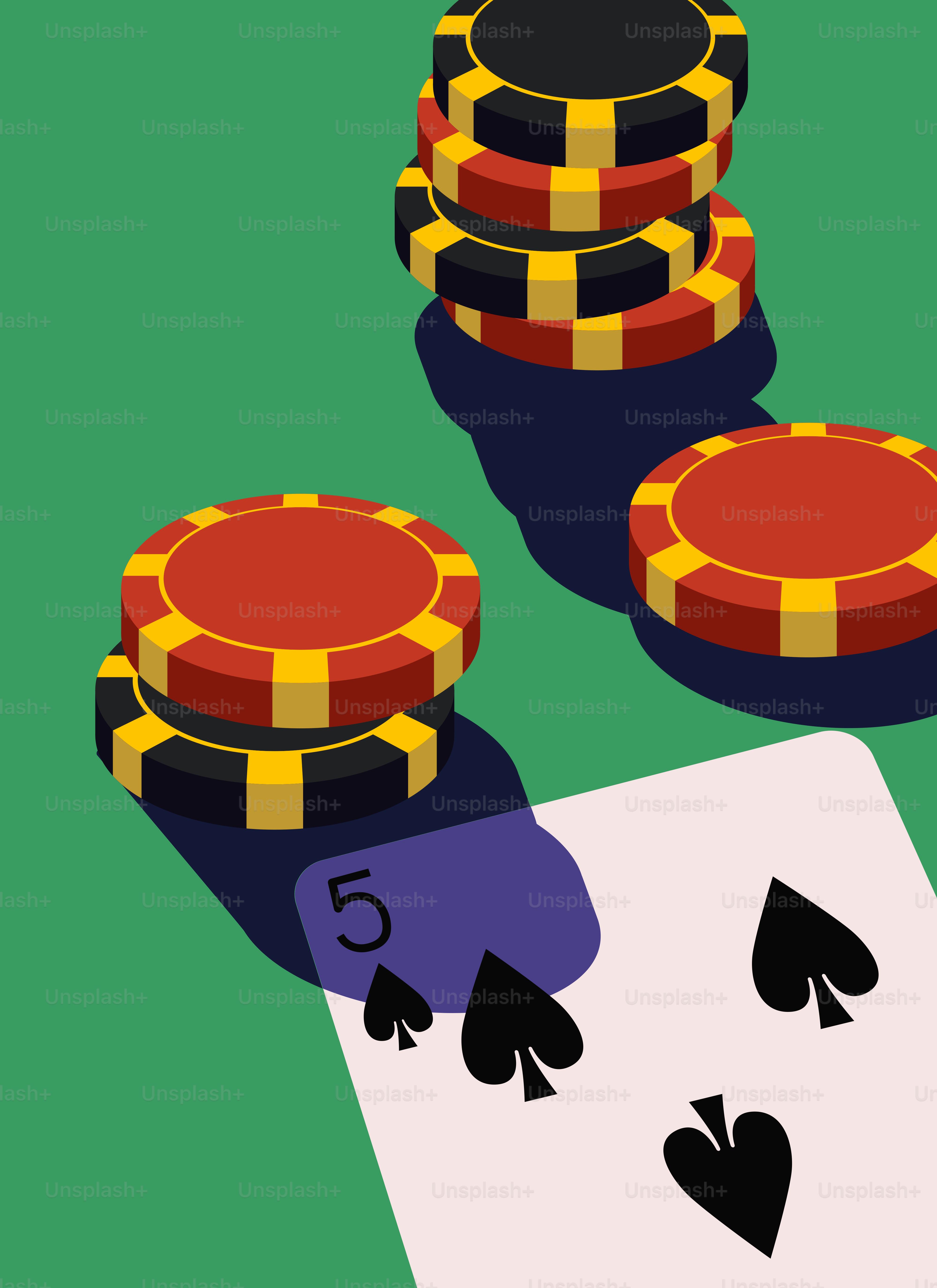 Tumpukan chip poker dan kartu remi di permukaan hijau
