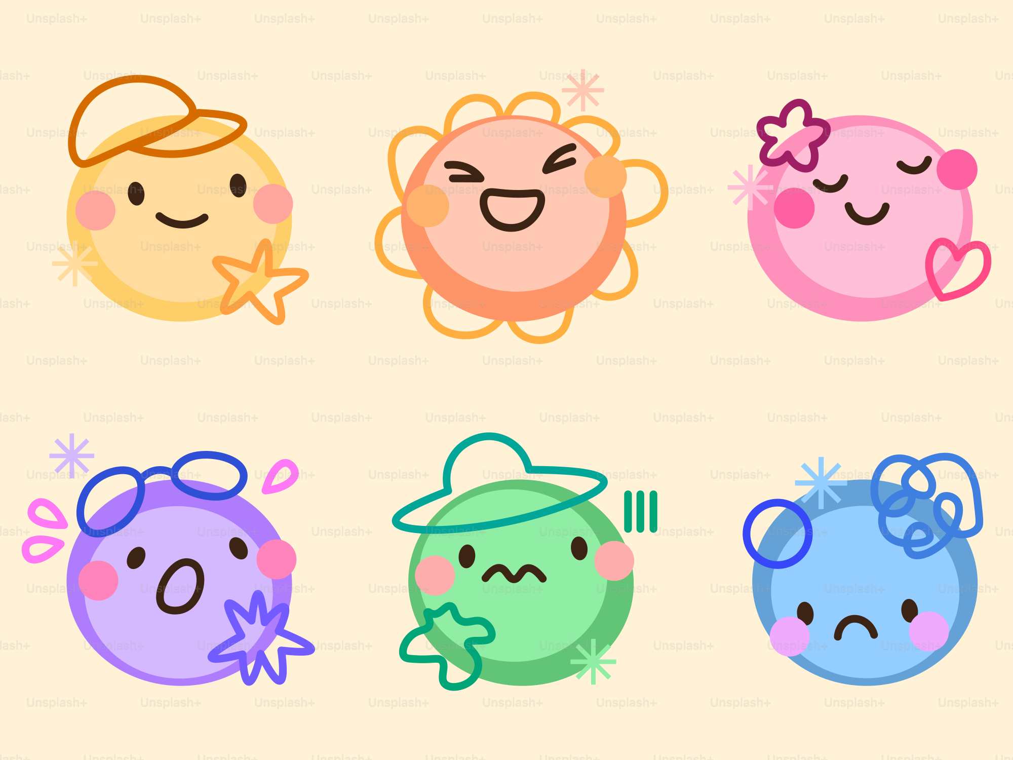 Six cute cartoon circles with different expressions and accessories.