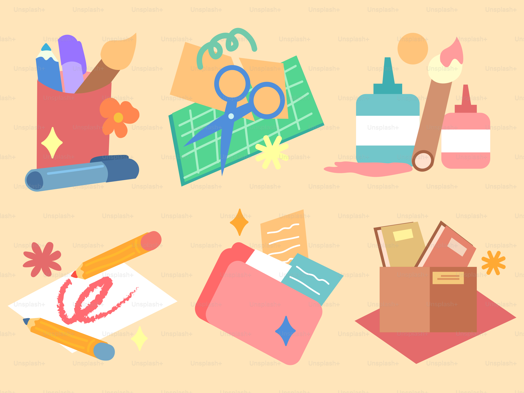 Craft supplies including pencils, scissors, and glue bottles.