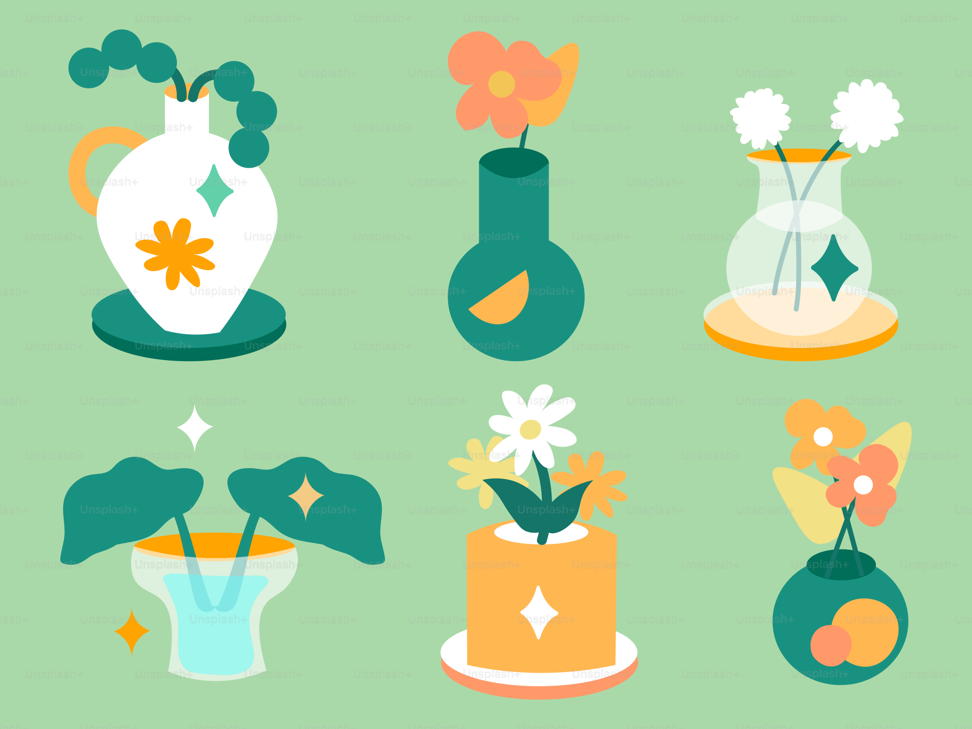 Various potted plants and flowers in vases