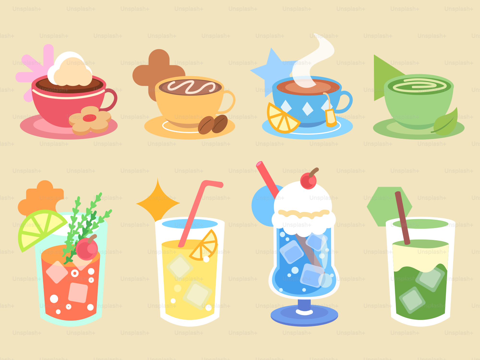 Collection of colorful, stylized drinks and coffee cups.