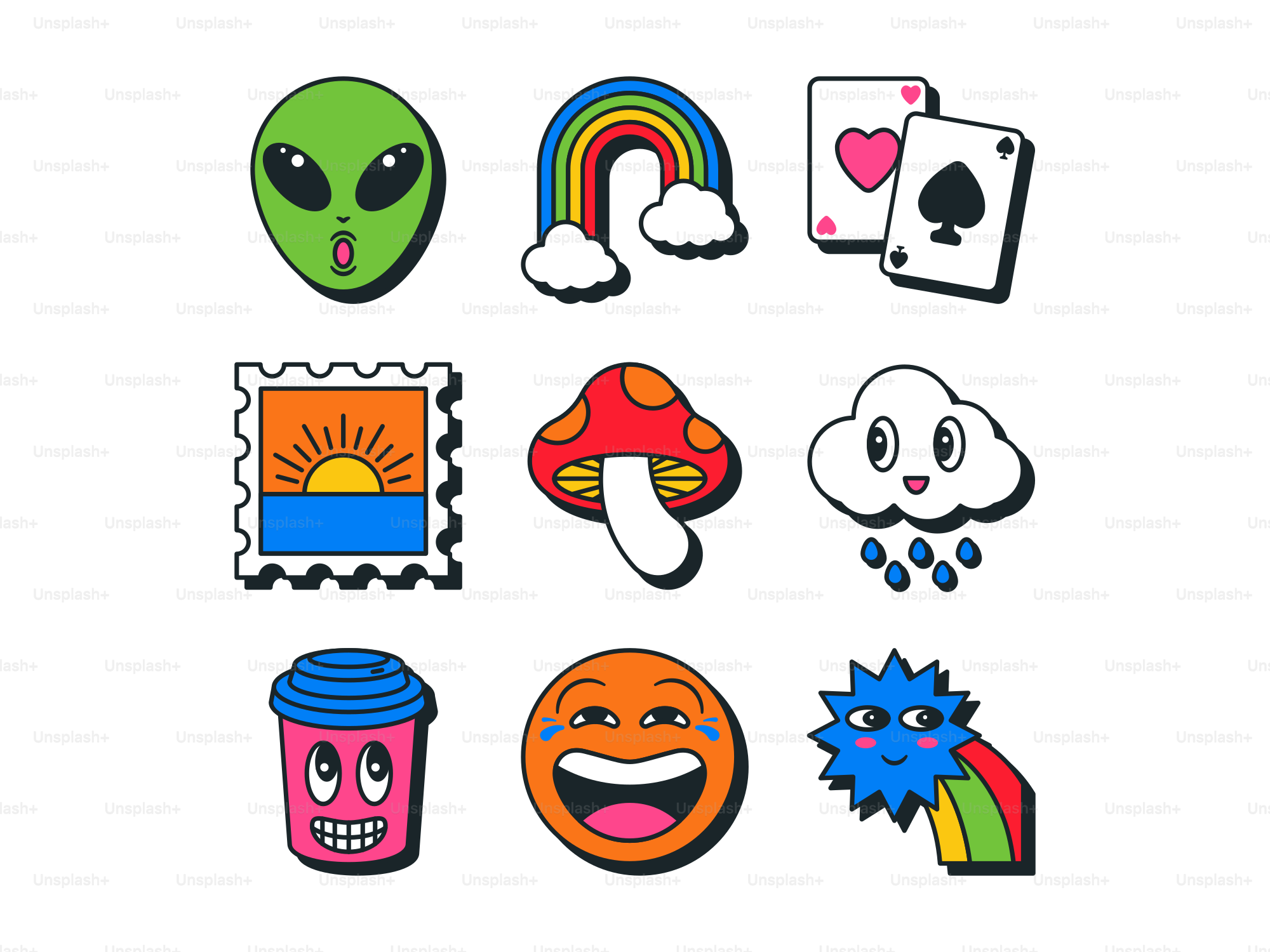 Collection of colorful cartoon-style icons on white background