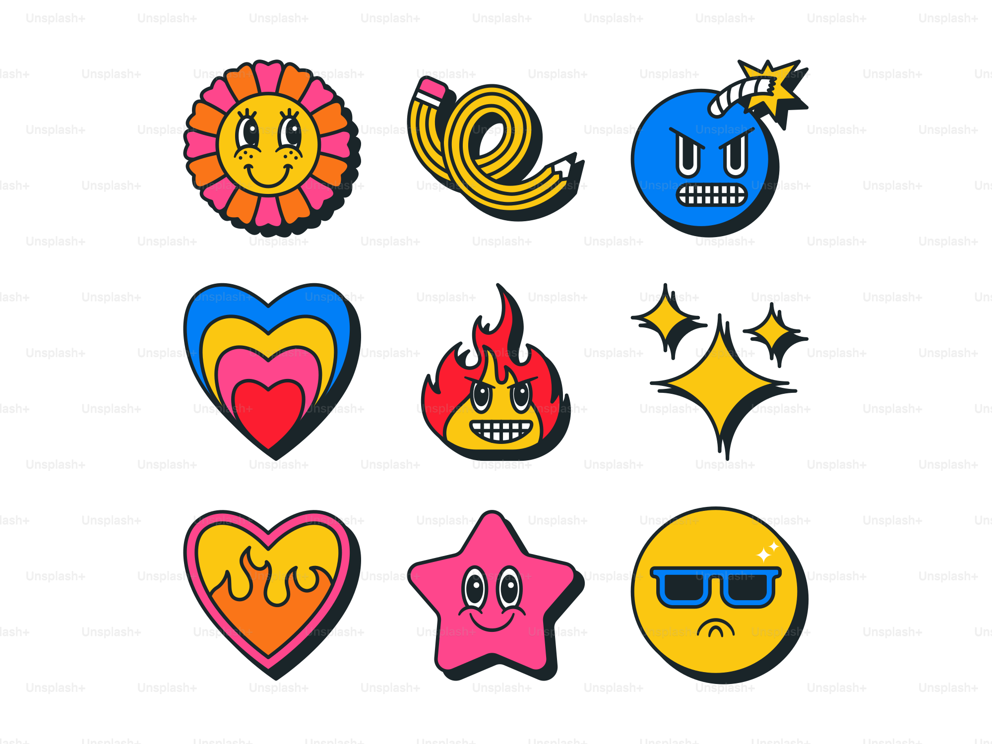 Collection of retro cartoon-style emojis and icons.