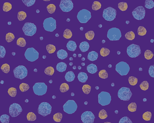Abstract pattern of blue and yellow circles on purple background