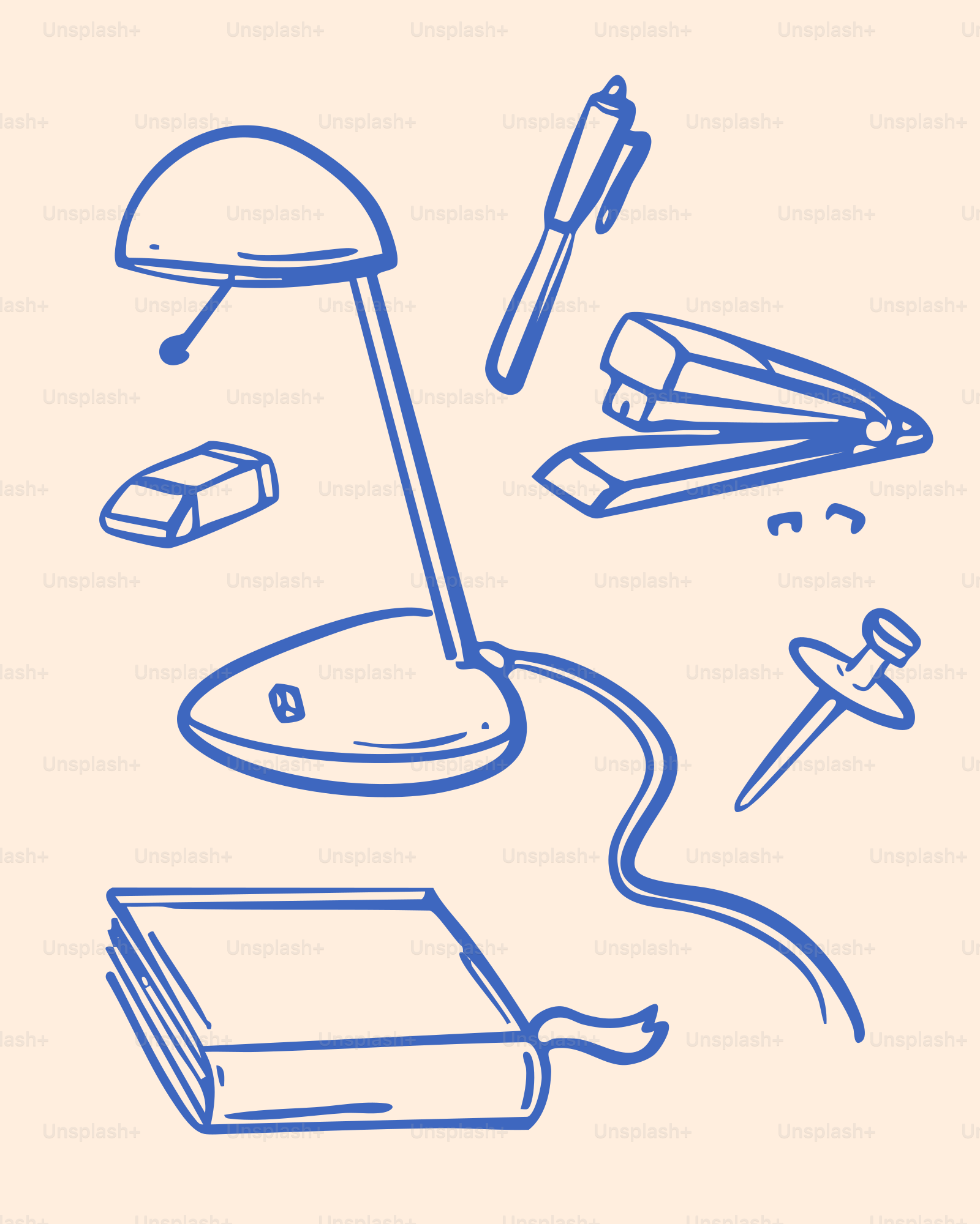 Lámpara de escritorio, grapadora, bolígrafo, libro, borrador y chincheta.