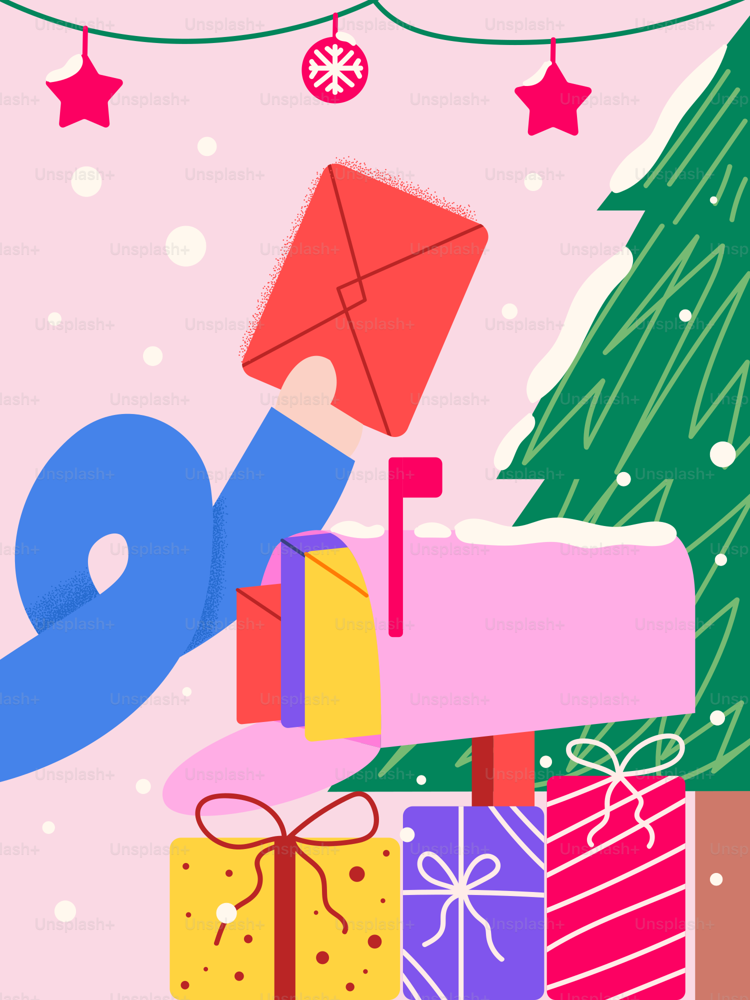 Hand mailing a letter into a mailbox with gifts.