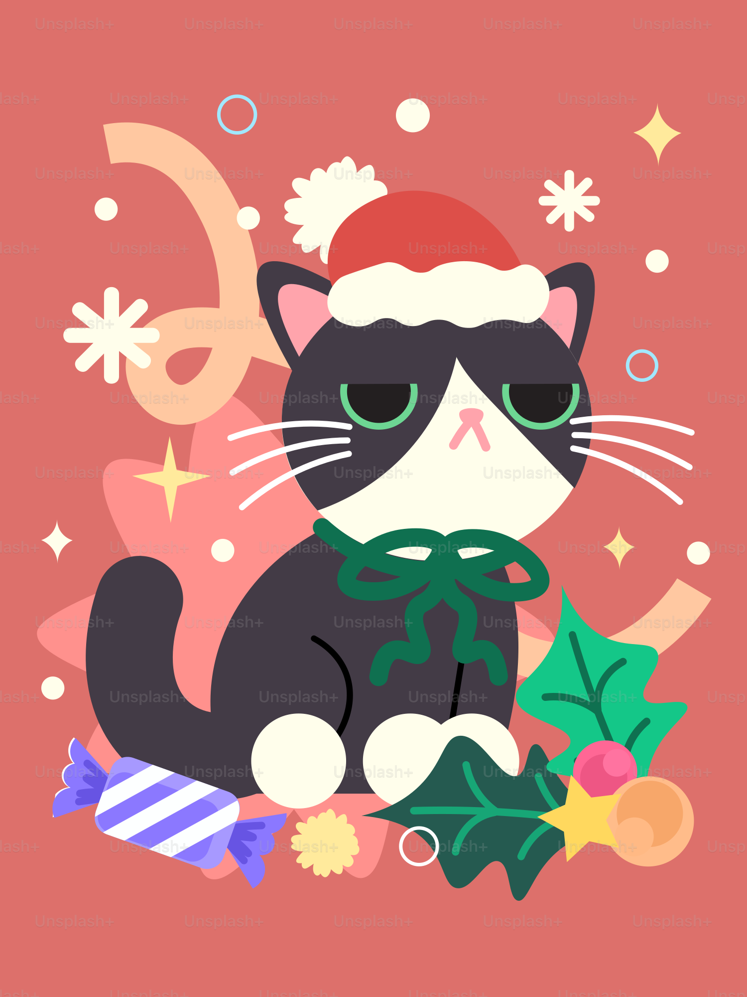 Grumpy cat in santa hat with christmas decorations