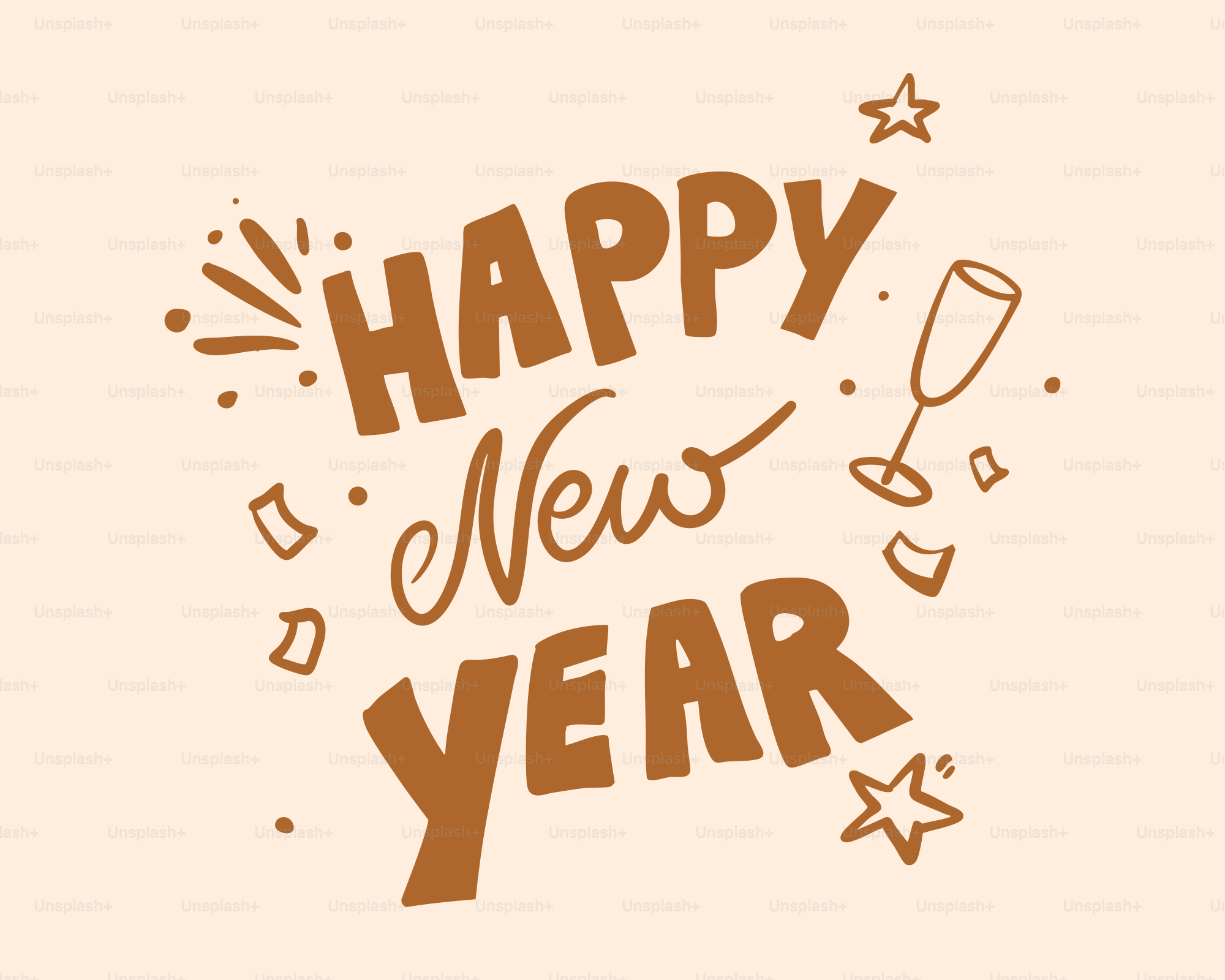 Texto de feliz año nuevo con elementos festivos.