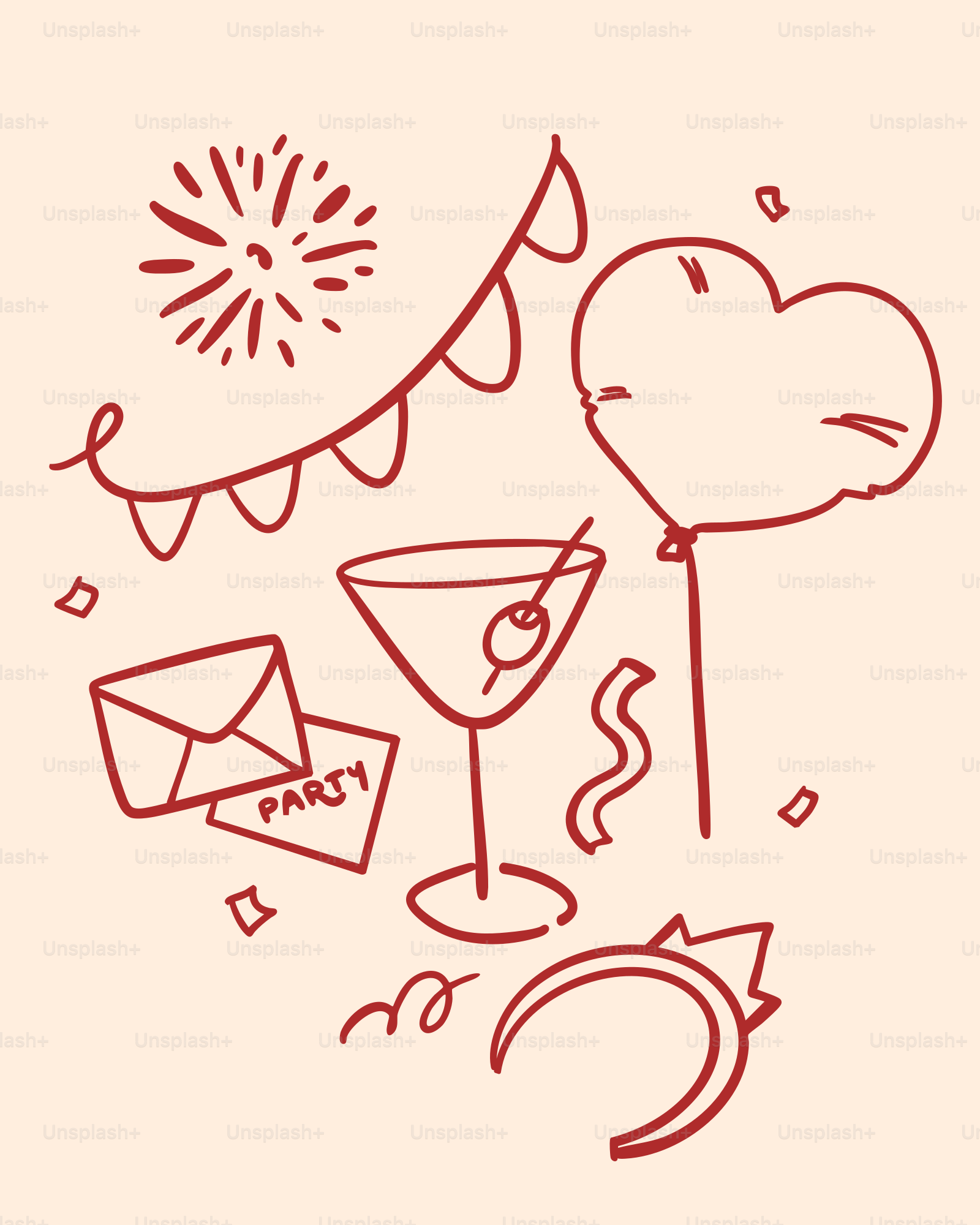 Party elements including a cocktail, balloon, and confetti.