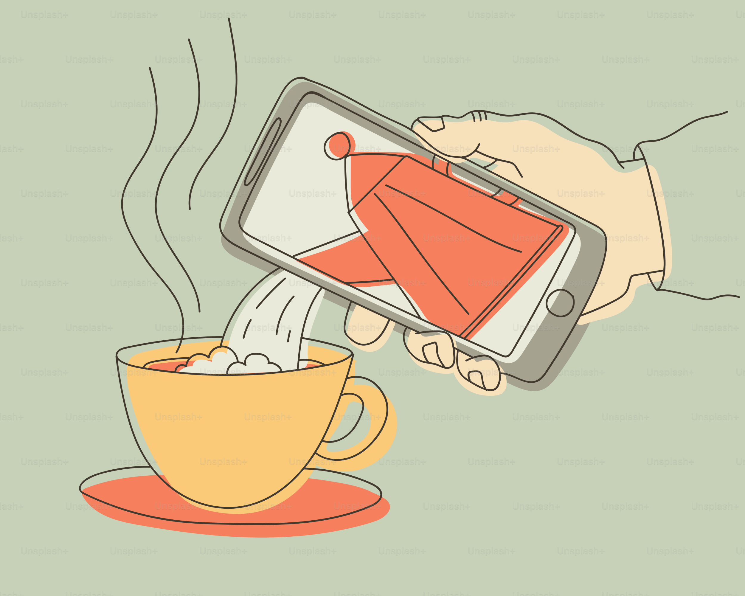 Smartphone pouring liquid into a cup of coffee.