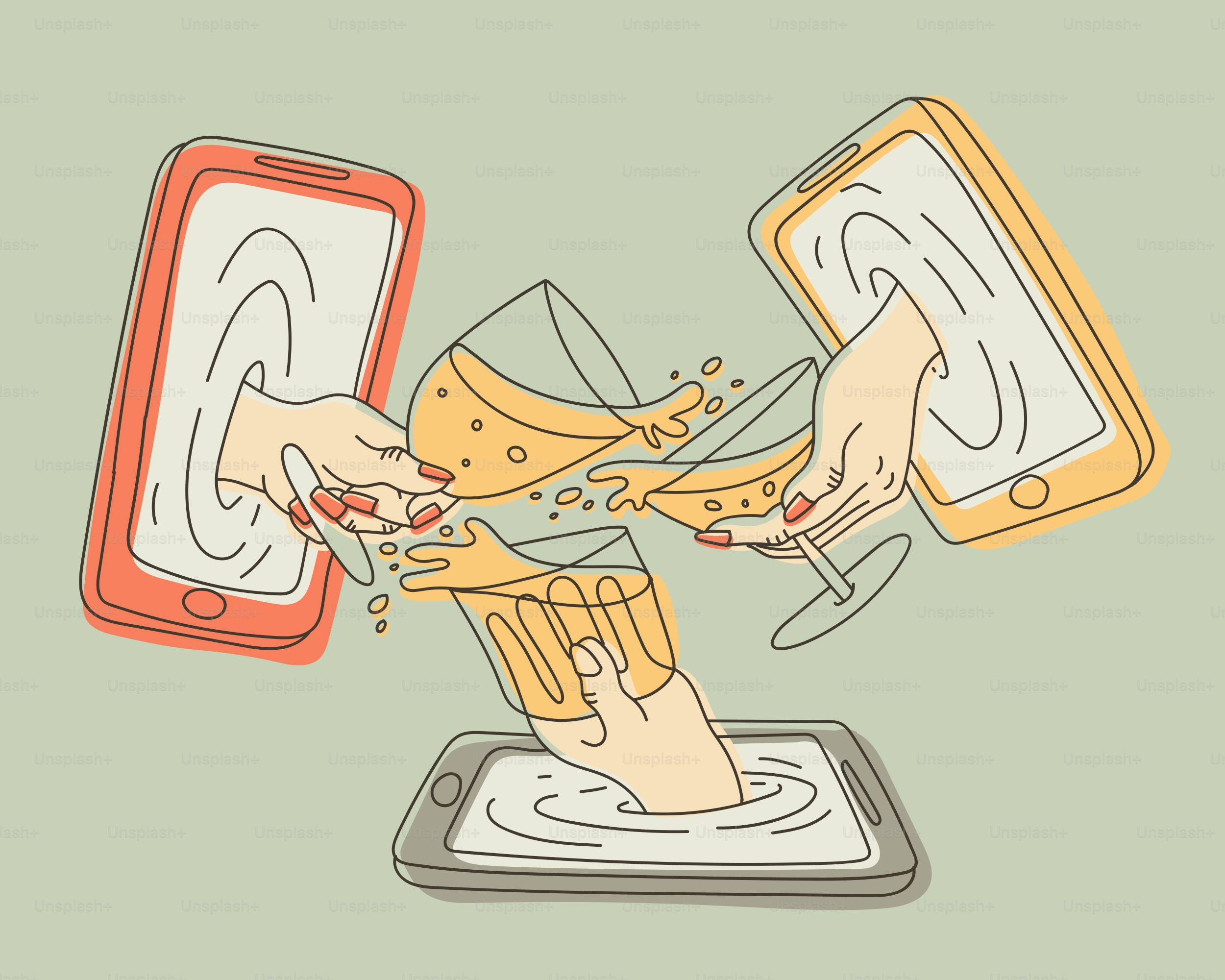 Hands reaching from phones to toast drinks