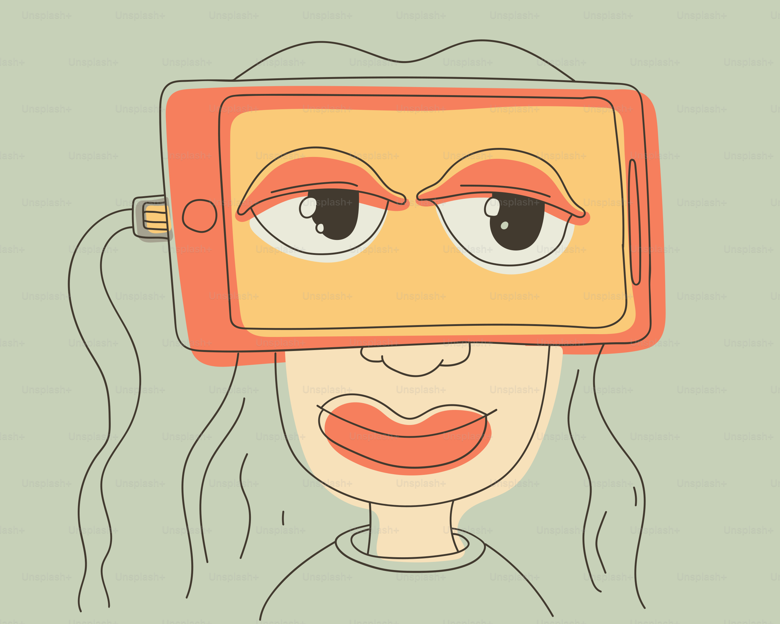 Person wearing vr headset with stylized face.