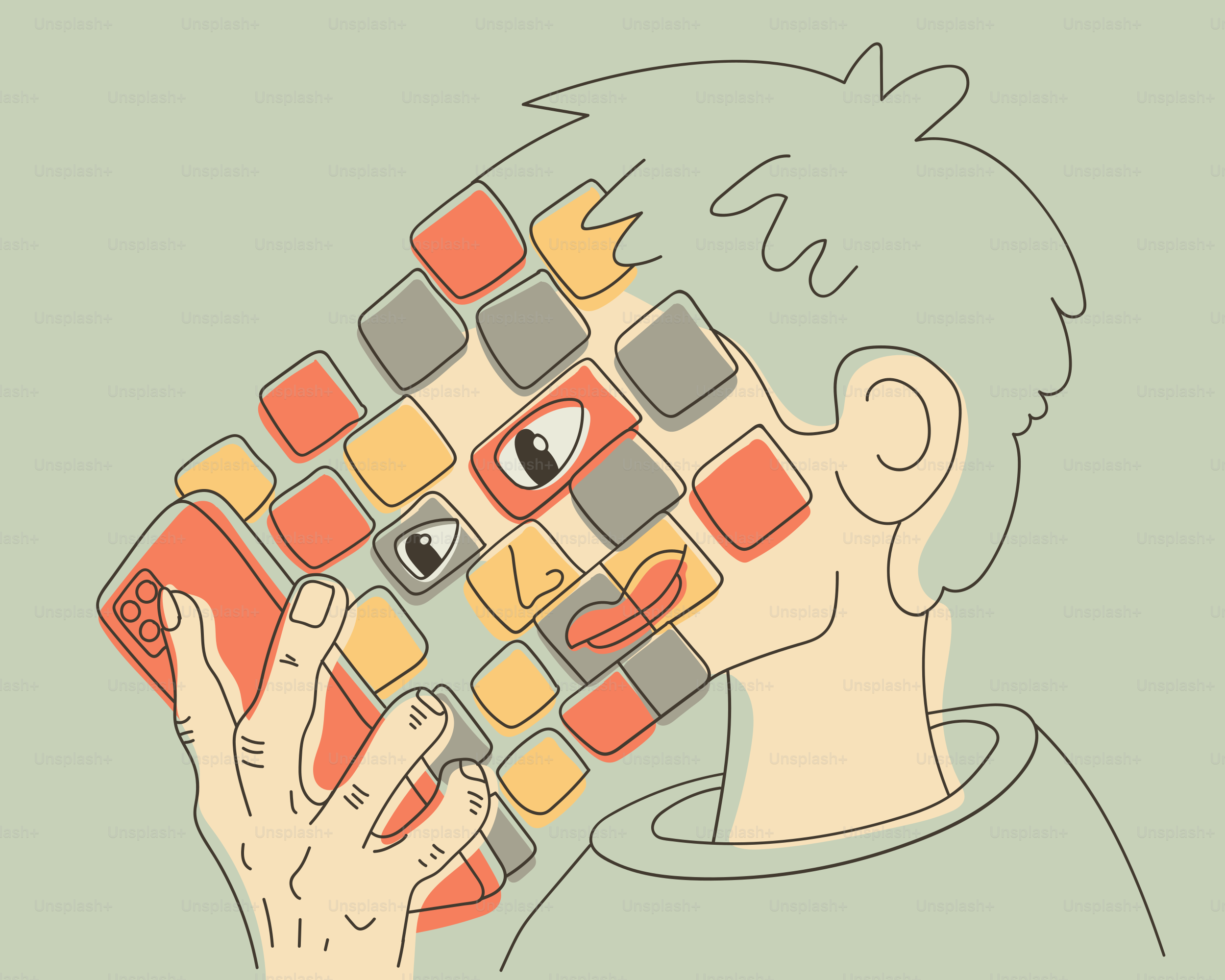 Man's face obscured by colorful phone screen icons