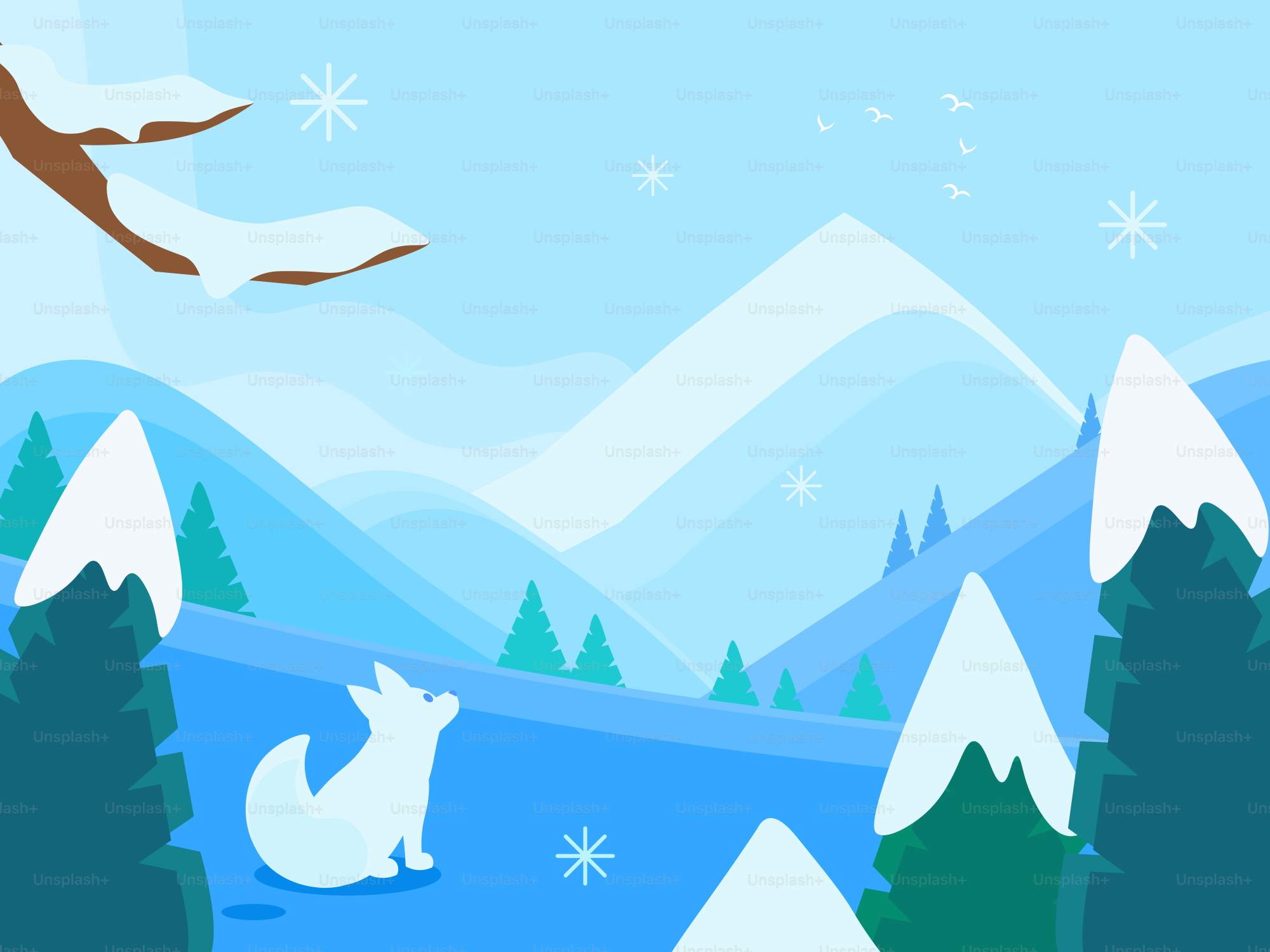 Un paysage hivernal stylisé avec des montagnes et un renard