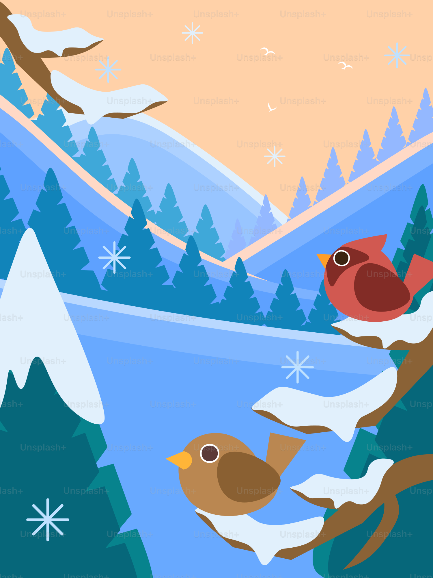 Two birds perched on snowy branches in a winter landscape.