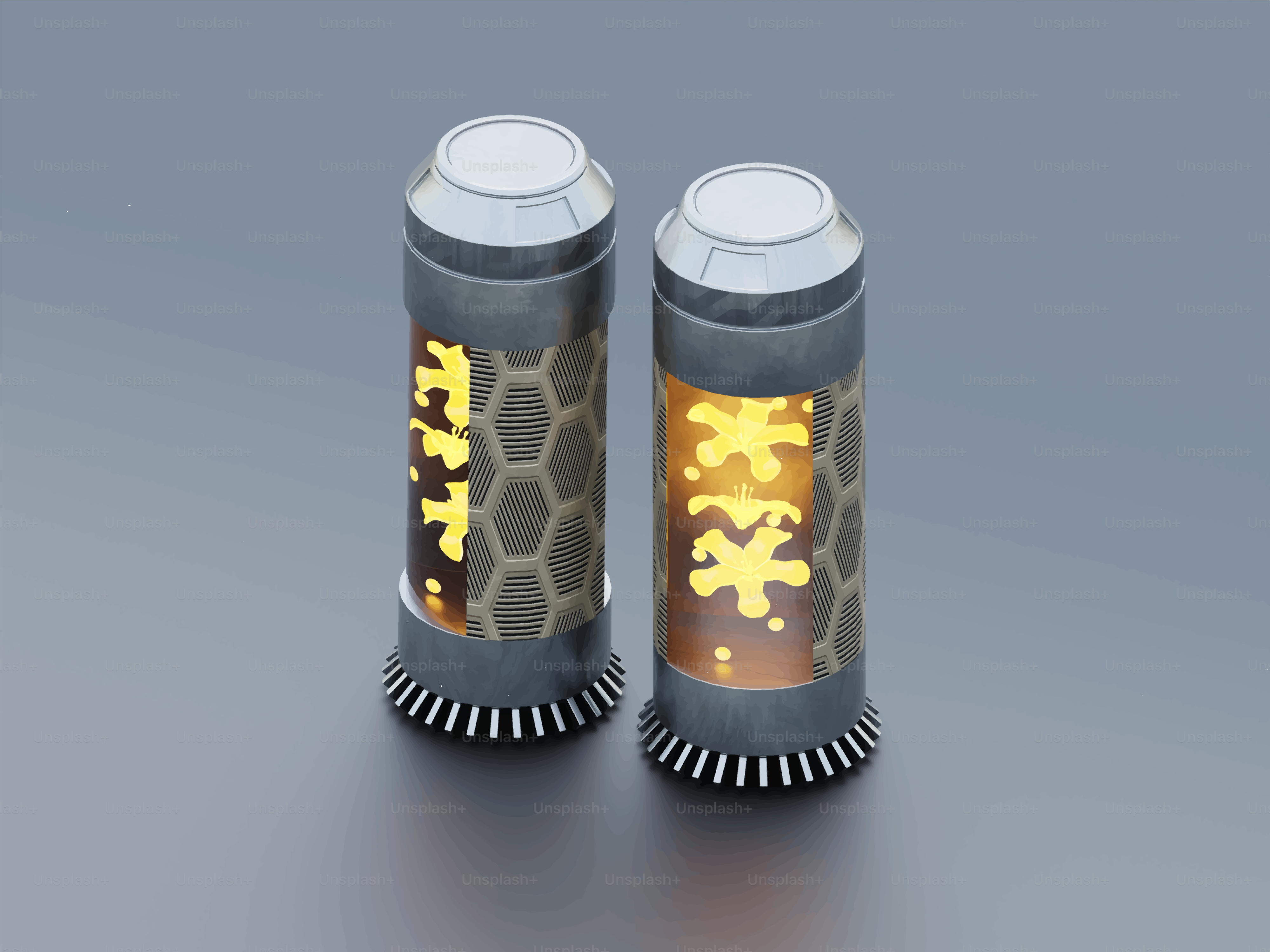 Two futuristic glowing vials with honeycomb pattern