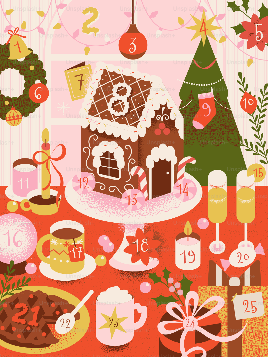 Christmas advent calendar with festive treats and decorations